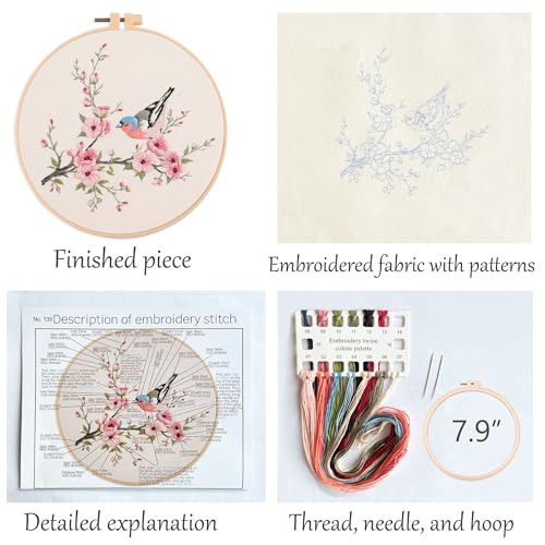 Silentsea Bird & Pink Blossoms Embroidery Kit – All-Inclusive DIY Cross Stitch Set with Pre-Printed Fabric, Threads, Needle, and Hoop for Adults – Perfect for Craft Lovers & Relaxation