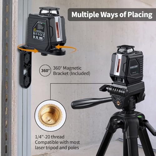 Firecore 360° Laser Level with Tripod, 100Ft Self Leveling Laser Level Green Cross Line Laser Leveler Tool for Picture Hanging Wall Tile Floor Construction, 60" Compact Tripod & Carry Pouch Included Firecore