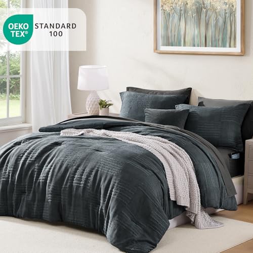 MaiRêve Queen Comforter Set Blue Grey, Textured Design Crinkle Bedding Sets 7 Pieces, All Season Bed in A Bag with Comforter, Sheets, Pillowcases & Shams MaiRêve