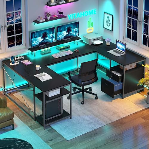 YITAHOME U Shaped Desk with Power Outlets & LED Lights, 79" Reversible L Shaped Desk with Drawers, Corner Computer Desk Office Desk with Monitor Stand & Storage Shelves, Black YITAHOME