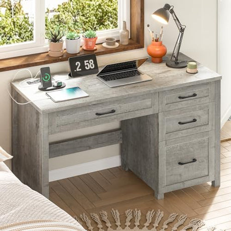 Vabches Farmhouse 47" Executive Desk with 4 Drawers, Computer Desk with File Drawer and Charging Station, Workstation for Home Office, Study.（Grey） Vabches