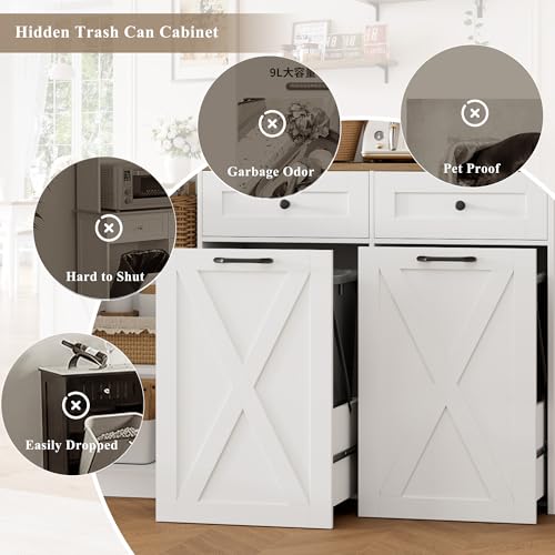 HOSTACK 71"H Kitchen Trash Can Cabinet, 12.5 Gallon Double Pull Out Garbage Can Hutch Cabinet with Trash Bin Storage Holders, 47" Wide Kitchen Pantry with Hidden Garbage Storage for Dining Room, White HOSTACK
