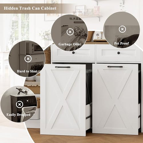 HOSTACK 71"H Kitchen Trash Can Cabinet, 12.5 Gallon Double Pull Out Garbage Can Hutch Cabinet with Trash Bin Storage Holders, 47" Wide Kitchen Pantry with Hidden Garbage Storage for Dining Room, White HOSTACK