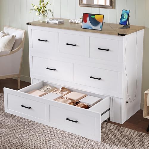 FUvellamo Full Size Murphy Bed Cabinet with Charging Station, Solid Wood Multi-Functional Foldable Platform Bed with Large Storage Drawer for Home Office or Small Room, White FUvellamo