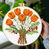 Zhenqing Orange Tulip Bouquet Cross Stitch Kit for Beginners - Complete Set with Pre-Printed 11CT 24x24cm Fabric, Hoop & Threads(70359)