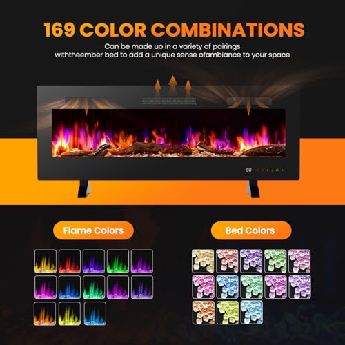 Sweetcrispy 60” Electric Fireplace Insert, 1500W Wall Mounted & Recessed Fireplace, Freestanding Fireplace Heater with Remote & Touch Panel Control, Adjustable Flame Effect, 12H Timer for Indoor use Sweetcrispy