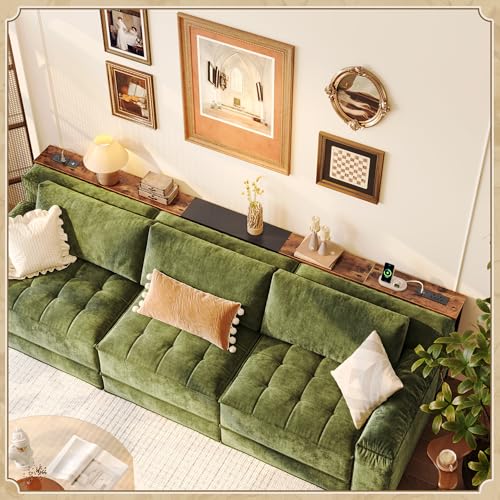 Huuger Narrow Sofa Table with 2 Power Outlets, 86.6-110.2 Inch Adjustable Length, Behind the Couch Table with USB-C Port, Long Entryway Console Table, Anti-tip Kit, for Living Room, Rustic Brown Huuger