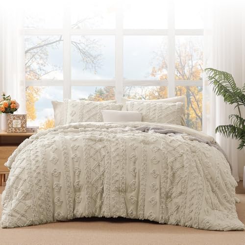 WRENSONGE Queen Size Comforter Set with Sheets - 7 Pieces Beige Tufted Bed in a Bag Queen Shabby Chic Bedding Sets with 1 Comforter, 2 Sheets, 2 Pillowcases & 2 Shams WRENSONGE