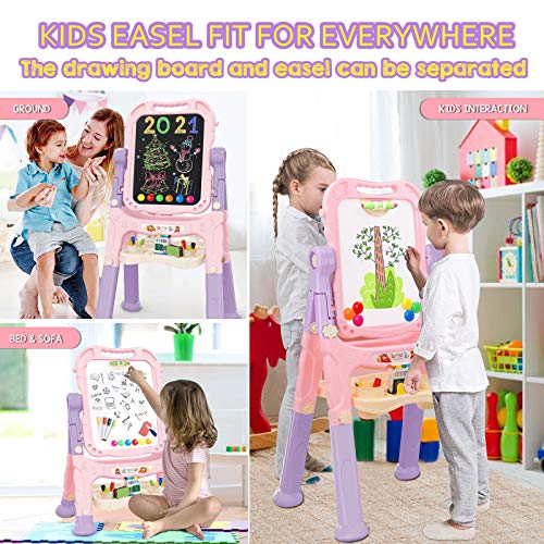 Mojitodon Art Easel for Kids, Adjustable Standing Rotatable Double Sided Easel with Painting Accessories for Toddlers Boys and Girls-Pink Mojitodon