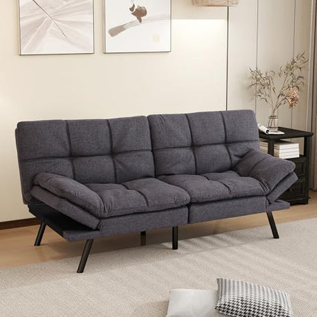 MUUEGM 71" Futon Sofa Bed, Comfortable Memory Foam Futons Sofa with Adjustable Backrest & Armrests, Convertible Loveseat Futon Bed for Compact Living Room, Apartment, Office, Medium Grey MUUEGM