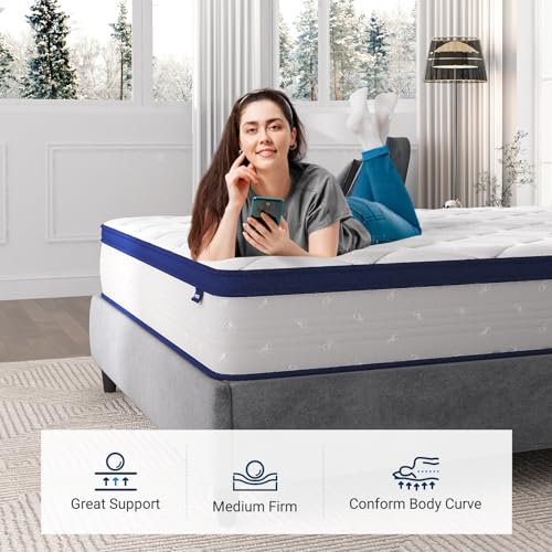 Avenco Hybrid Queen Mattress, 10 Inch Hybrid Mattress in a Box with Comfort Foam, Individually Wrapped Pocket Innerspring for Motion Isolation & Pain Relief, CertiPUR-US Certified Queen Bed Mattress