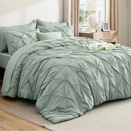 Bedsure Queen Comforter Set Sage Green - Bed in a Bag Queen Size Bedding 7 Pieces, GentleSoft™ Pintuck Bed Set Gift for Family, Pinch Pleat All Season Comforter with Sheets, Pillowcases & Shams Bedsure