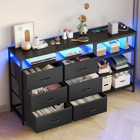 BTHFST TV Stand Dresser Bedroom for 60 Inch TV with LED Lights & Charging Station, Changable L Shape Corner TV Stand, 6 PU Drawers, 3 Open Shelves Entertainment Center (Black) BTHFST