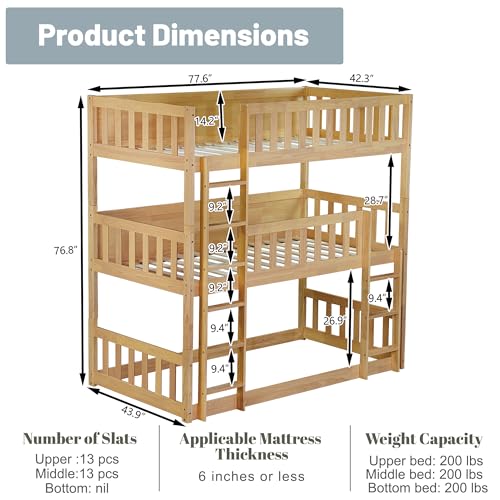Triple Bunk Bed for Kids ,Wood 3-in-1 Twin Bunk Beds, Convertible to 3 Separate Beds, Solid Rubber Wood Construction, Safety Guardrails & Dual Ladders ,Space-Efficient Vertical Design,White Oak MoproBeti
