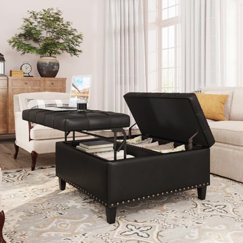 FiveWillowise Square Leather Ottoman with Storage, Faux Leather Coffee Table Ottoman with Lift Top, Large Upholstered Footrest Stool Toy Box Storage for Bedroom Living Room, Black FiveWillowise
