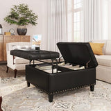 FiveWillowise Square Leather Ottoman with Storage, Faux Leather Coffee Table Ottoman with Lift Top, Large Upholstered Footrest Stool Toy Box Storage for Bedroom Living Room, Black FiveWillowise