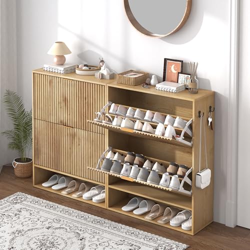 Takywep Fluted Shoe Cabinet Storage for Entryway with 2 Flip Drawers & Bottom Open Shelf, Narrow Shoe Rack Cabinet with Side Hooks, Freestanding Slim Shoe Organizer Cabinet for Foyer, Hallway, Oak Takywep