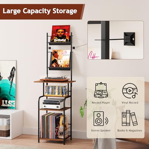 Homsorout Record Player Stand with Vinyl Storage - 6-Tier Turntable Table with Adjustable Feet, Metal & Wood Cabinet - Console Organizer Display Shelf for Living Room, Apartment Homsorout