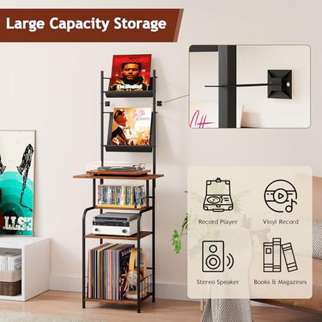 Homsorout Record Player Stand with Vinyl Storage - 6-Tier Turntable Table with Adjustable Feet, Metal & Wood Cabinet - Console Organizer Display Shelf for Living Room, Apartment Homsorout