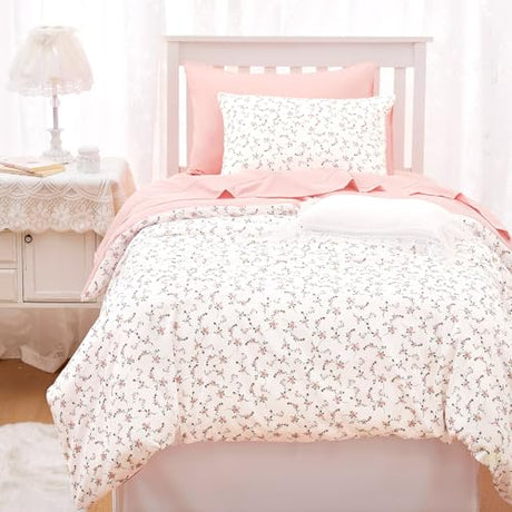 Wake In Cloud - Floral Comforter Set, Coquette Cottagecore Aesthetic Cute Flower Pattern for Women Teen Girls, Soft Lightweight Dorm Bedding, 3 Piece, Pink, Twin/Twin XL Size Wake In Cloud