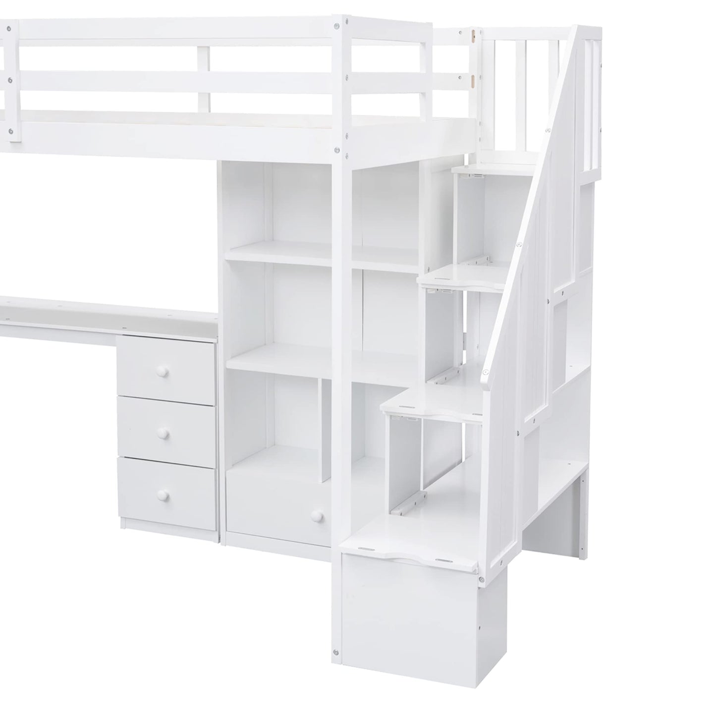 VilroCaz Twin Size Loft Bed with L-Shaped Desk, Storage Staircase, and Cabinet in White - WoodArtSupply