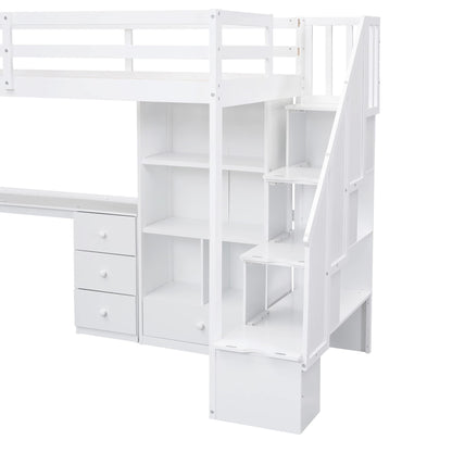 Twin Loft Bed with L-Shaped Desk, Storage Drawers, and Stairs - Harper & Bright Designs, White - WoodArtSupply