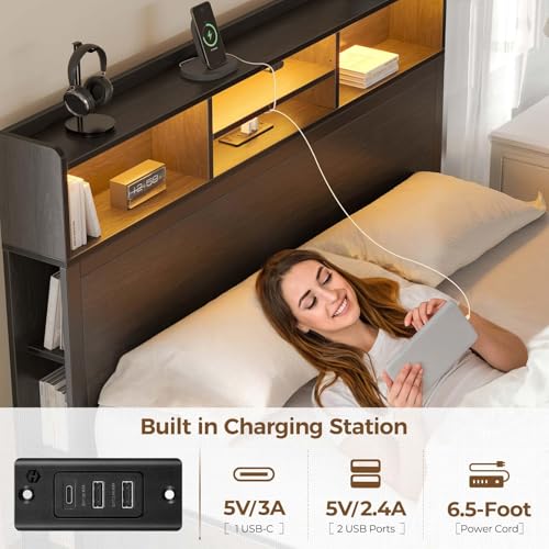 Rolanstar Twin Bed Frame with Storage Headboard & 4 Drawers, Metal Platform Bed with Charging Station, LED Single Bed with Side Shelf, No Box Spring Needed, Easy Assembly, Black Rolanstar