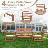 Tangkula 4 Pieces Outdoor Furniture Set, Acacia Wood Conversation Set w/Soft Seat Cushions, Stable Acacia Wood Frame, Patio Sofa & Coffee Table Set for Backyard, Porch, Poolside (White) Tangkula