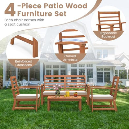 Tangkula 4 Pieces Outdoor Furniture Set, Acacia Wood Conversation Set w/Soft Seat Cushions, Stable Acacia Wood Frame, Patio Sofa & Coffee Table Set for Backyard, Porch, Poolside (White) - WoodArtSupply