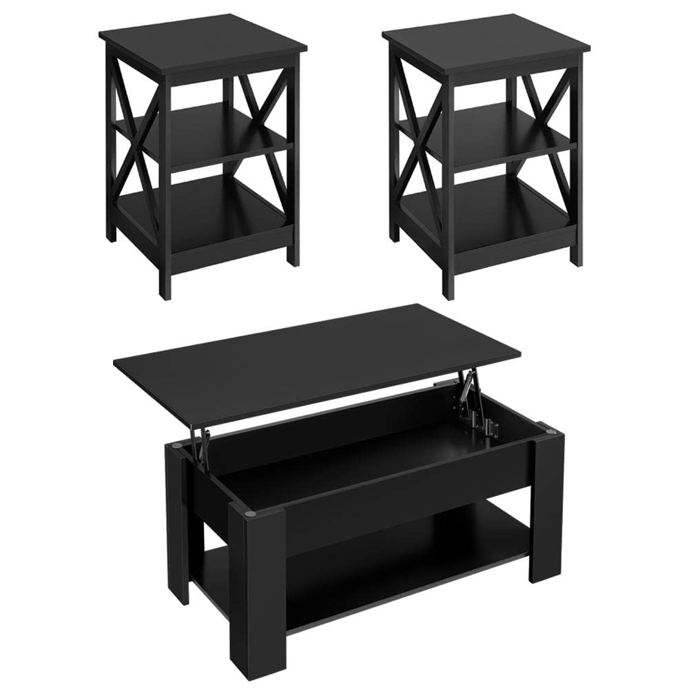Yaheetech Modern Living Room 3 Pieces Table Sets, Lift Top Coffee Table and End Table Sets for Home and Office, Easy Assembly Accent Furniture with Hidden Compartment and Open Storage Shelf, Black Yaheetech