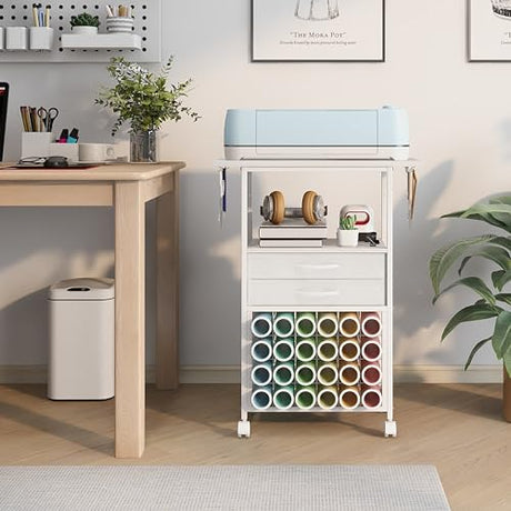 VENNQD Organizer and Storage Stand Compatible with Cricut Machines,Rolling Storage Cart/Shelf with 24 Vinyl Roll Holders，2 Fabric Drawer,Accessories Holder,Tool Hook for Craft Room Home (white) VENNQD