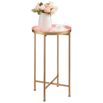 HollyHOME Small Round Metal End Table, Accent Indoor&Outdoor Coffee Side Table, Snack Sofa Table for Living Room, Anti-Rust Decorative Plant Stand, (D) 14.5" x(H) 25", Gold&Pink
