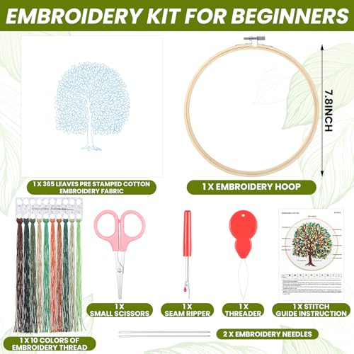 Norme Leaves Embroidery Kit for Beginners Adults 365 Days a Year Embroidering One Leave a Day Cross Stitch Kits with 365 Leaves Tree Pattern Embroidery Hoop Threads for DIY Craft Gift
