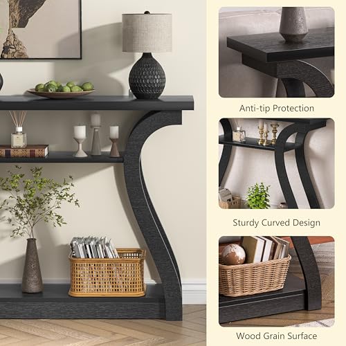 UODERS Wooden Console Table with Curved Legs and Shelf, 3-Tier Modern Accent Narrow Sofa Table for Entrance Area, Living Room, Hallway, 47 in Wide Wood Console Table for Entryway (Black) UODERS