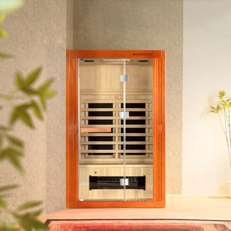 Woodbridge Infrared Home Sauna Room 2 Person Japanese Cedar Indoor Sauna with 7 Carbon Heaters, Red Light Therapy, Bluetooth Speaker, Intelligent Control Panel, Tempered Glass & Top Vent WOODBRIDGE