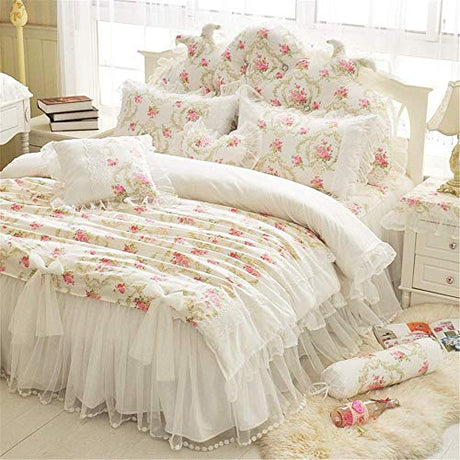 LELVA Girls Bedding Set Lace Ruffle Duvet Cover Sets with Bed Skirt Princess Bedding Set Vintage Floral Print Duvet Cover Twin Size 4 Piece (Full, White) LELVA