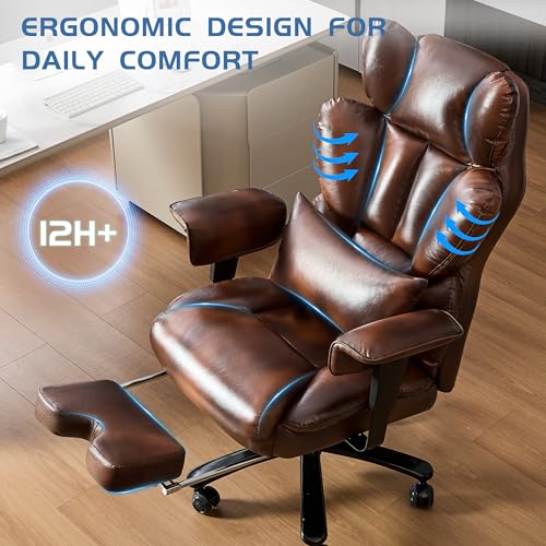 700lbs Big and Tall Office Chair with Footrest&Adjustable Lumbar Pillow,Large Heavy Duty Executive Office Chair-Wide Seat,Ergonomic High Back Computer Chairs for Heavy People,Dual Rubber Wheels,Brown BIGGARSIT