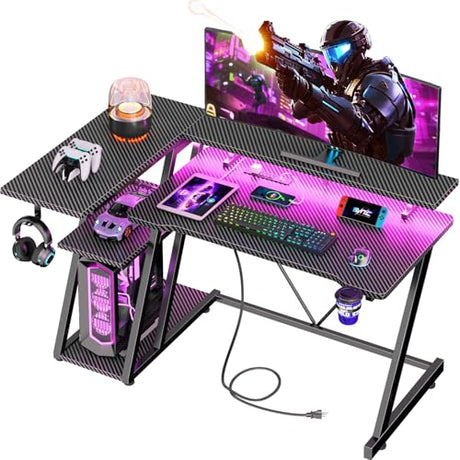 Korfile 40 Inch Gaming Desk with Power Outlet & LED Lights, L Shaped Computer Gaming Table with 3 Tiers Storage Shelves, Corner Gamer Desk with Monitor Stand for Small Space, Carbon Fiber Black Korfile