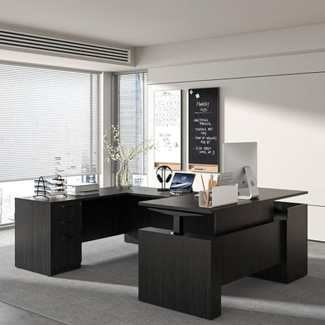ALFA BUSINESS 100.4'' U Shaped Executive Standing Desk with Pre-Assembled Frame & Lockable Cabinets, Height Adjustable Desk Dual-Motor Sit-Stand Workstation for Corporate & Home Office (Grey-U) ALFA BUSINESS