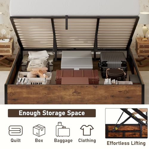 LUXOAK Lift Up Storage Bed Frame, King Size Wooden Slats Platform Bed Frame with Ample Storage Underneath, No Box Spring Needed, Noise Free, Rustic Brown LUXOAK