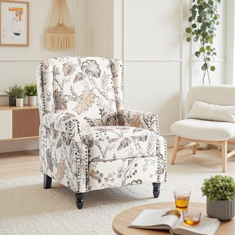 Pushback Recliner Chair, Floral Fabric Wingback Recliner Chair, Upholstered Rivet Trim Armchair Push Back Recliner Accent Chair for Small Spaces, Living Room, Plants Beige Blissabod