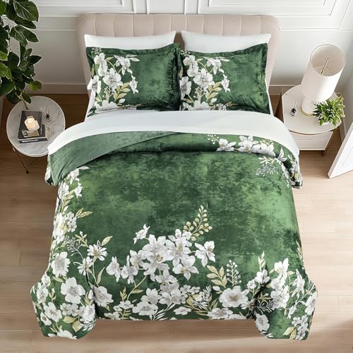 Sunshine Nicole Reversible Comforter Set, Printed Distressed Velvet Front and Sold Distressed Velvet Reverse, 3 Pieces Dark Green King, with Soft Polyester Fill Sunshine Nicole