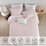 HORIMOTE HOME Pink Ruffled Quilt Queen Size, Stone-Washed Microfiber Lightweight Crinkled Farmhouse Rustic Shabby Chic Bedding Set, 3 Pieces Reversible Bedspread with Pillow Shams for All Season HORIMOTE HOME