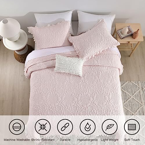 HORIMOTE HOME Pink Ruffled Quilt Twin Size, Stone-Washed Microfiber Lightweight Crinkled Farmhouse Rustic Shabby Chic Bedding Set, 2 Pieces Reversible Bedspread with Pillow Sham for All Season HORIMOTE HOME