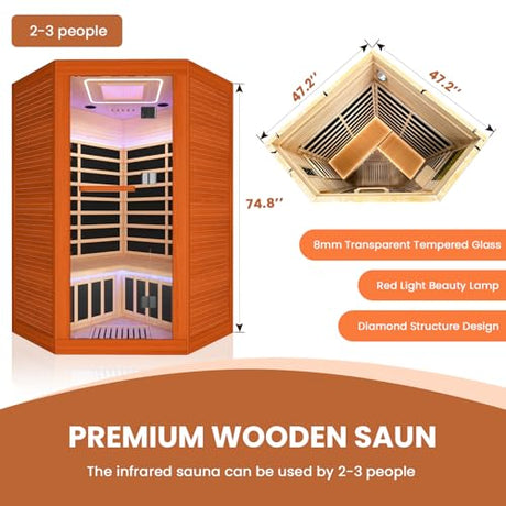 OUTEXER 2-3 Person Sauna Corner Sauna Far Infrared Saunas Room Home Canadian Hemlock Indoor 2100W Low-EMF Dry Saunas with Red Light Therapy Beauty Lamp 47.2 * 47.2 * 74.8inch OUTEXER