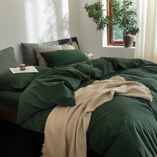 FOSSA Duvet Cove Set 100% Washed Cotton Linen Feel Super Soft Breathable Cozy 3 Pieces Bedding Sets Solid Forest Green Twin FOSSA