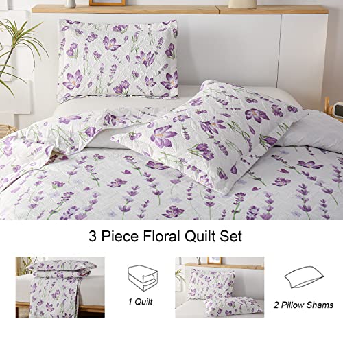Ycosy Quilt Set King Size Floral Bedspread Coverlet King Quilts Set Bedding Summer Lightweight Floral Quilt Bedding Reversible Quilt Bedspread Plant Green Leaves Purple Flower Home Quilts Collections Ycosy