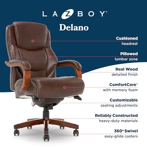 La-Z-Boy Delano Big & Tall Executive Office Chair, Ergonomic Mid-Back Body Pillow Lumbar Support, ComfortCore Memory Foam Cushion, Mahogany Wood Arms & Swivel Base, Bonded Leather, Chestnut Brown La-Z-Boy