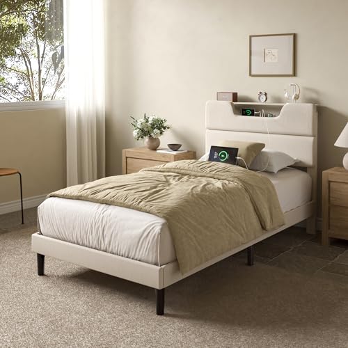 OURPIC Twin Bed Frames for Kids, Twin Size Bed Frames with Upholstered Headboard, Modern Platform Bed with Charging Station and Led Lights, Sturdy Wooden Slats OURPIC