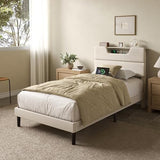 OURPIC Twin Bed Frames for Kids, Twin Size Bed Frames with Upholstered Headboard, Modern Platform Bed with Charging Station and Led Lights, Sturdy Wooden Slats OURPIC